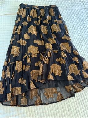 Floreat Black High-Low Tiered Skirt with Metallic Gold Floral